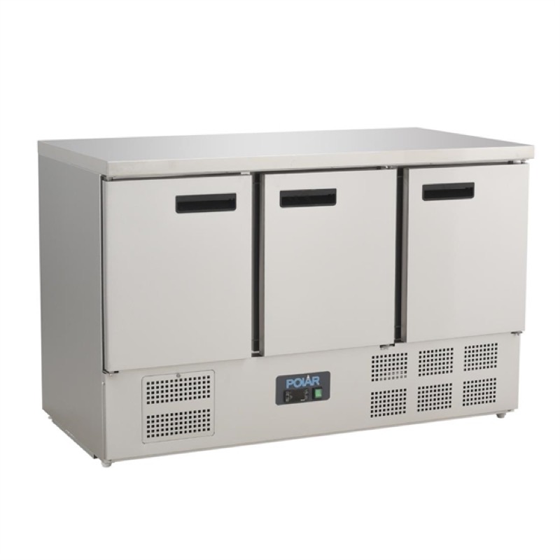Polar three-door counter fridge — approx. 1980 x 710 x 915mm